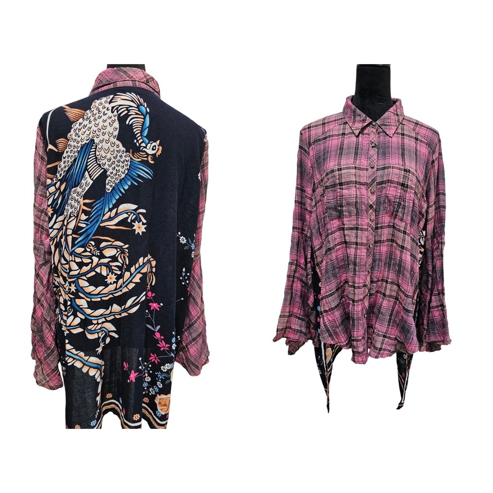 Anthropologie Aratta Silent Journey Top Tunic Small Plaid Peacock Bell Sleeve